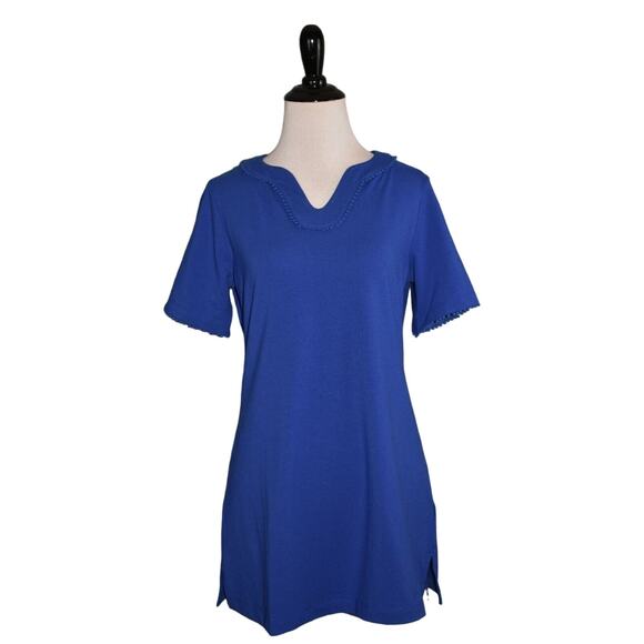 DENIM & CO. NEW $40 Perfect‎ Jersey U-Neck Tunic w/ Dot Lace Trim Lapis Blue XXS - Picture 1 of 3